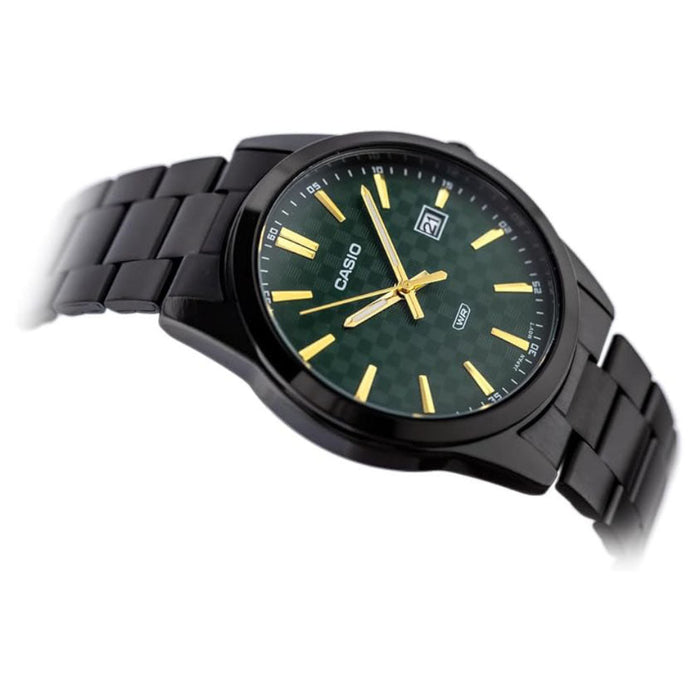 Casio Men's Green Dial Black Stainless Steel Band Analog Japanese Quartz Watch - MTP-VD03B-3AUDF
