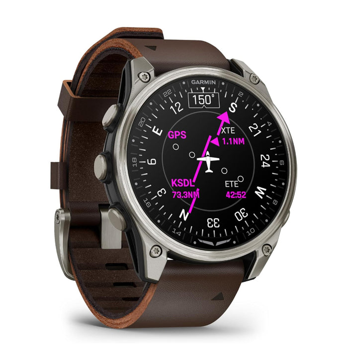 Garmin D2™ Mach 2 – 47 MM Unisex Titanium With Oxford Brown Leather Band Advanced Flight Maps LED Flashlight Built-in Microphone/Speaker For Calls And Texts Premium Aviator Smartwatch With GPS - 010-02904-30