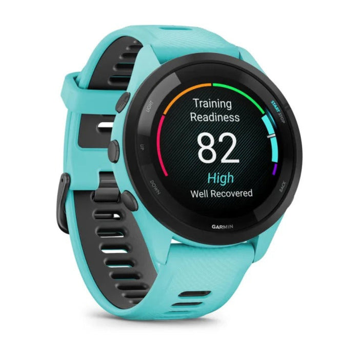 Garmin Forerunner 265 Aqua and Black Silicone Band Colorful AMOLED Display Training Metrics and Recovery Insights Running Smartwatch - 010-02810-02