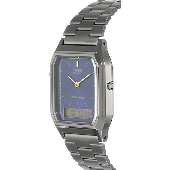 Casio Men's Blue Dial Gray Stainless Steel Band Quartz Watch - AQ-230GG-2ADF