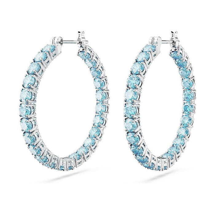 Swarovski Women's Round Cool Blue Crystals on Rhodium Finished Settings Matrix Hoop Earrings - 5647446