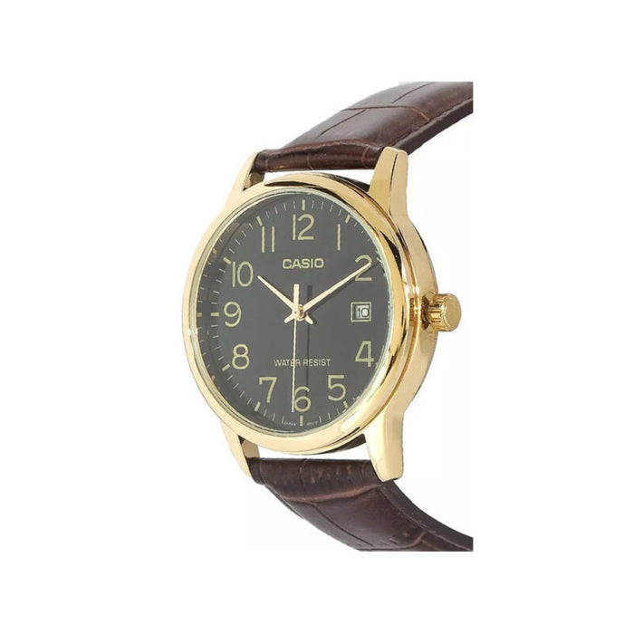 Casio Men's Black Dial Brown Leather Band Analog Quartz Watch - MTP-V002GL-1BUDF