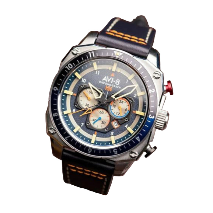 AVI-8 Unisex Blue Dial Leather Band Analog Hawker Hunter Atlas Dual Time Chronograph Quartz Watch - AV-4100-02