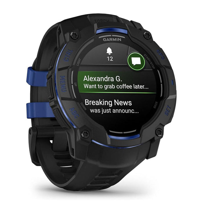 Garmin Instinct® 3 – 50 mm Unisex Black With Black/Bolt Blue Silicone Band Built-in Flashlight Supernova Collection Limited Edition Color AMOLED Display Rugged Outdoor GPS Smartwatch - 010-03020-03