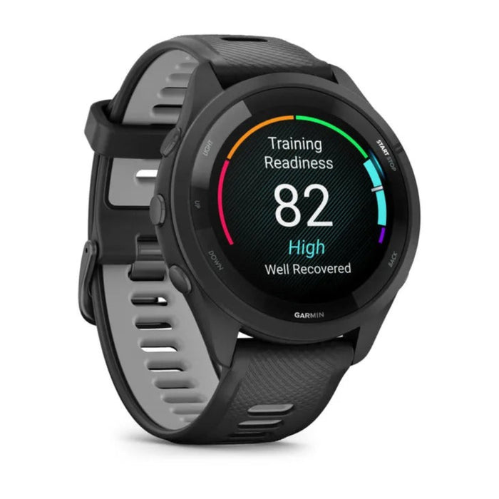 Garmin Forerunner 265 Black and Powder Gray Silicone Band AMOLED Display Training Metrics and Recovery Insights Running Smartwatch - 010-02810-00