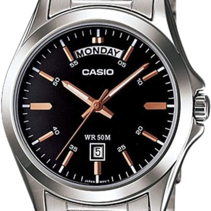 Casio Men's Black Dial Silver-Tone Stainless Steel Band Analog Japanese Quartz Watch - MTP-1370D-1A2VDF