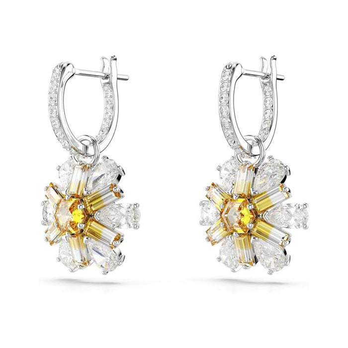Swarovski Women's Flower Motif With Yellow And Clear Mixed-Cut Stones In A Rhodium-Finished Setting Idyllia Drop Earrings - 5683243