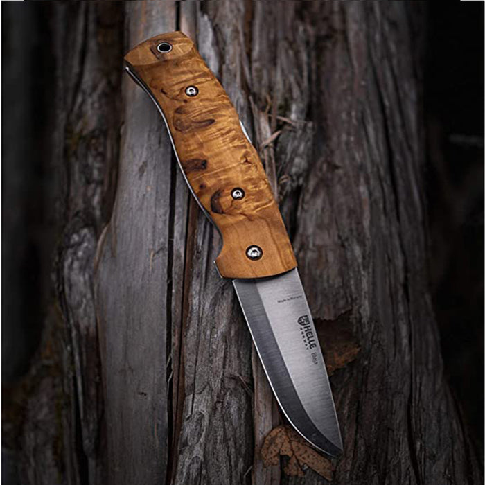 HELLE Curly Birch Wood Handle Stainless Steel Blade Drop Point Large Folding Pocket Knife - HELLE625