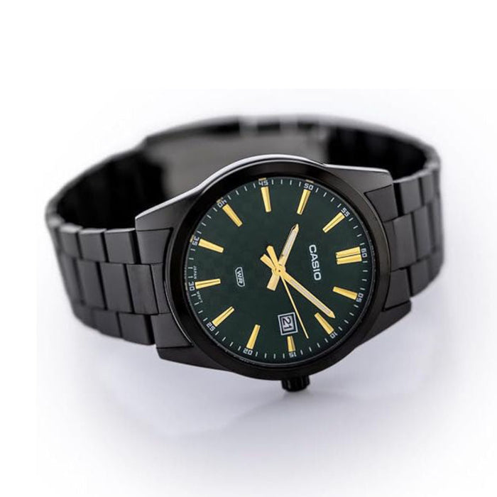 Casio Men's Green Dial Black Stainless Steel Band Analog Japanese Quartz Watch - MTP-VD03B-3AUDF