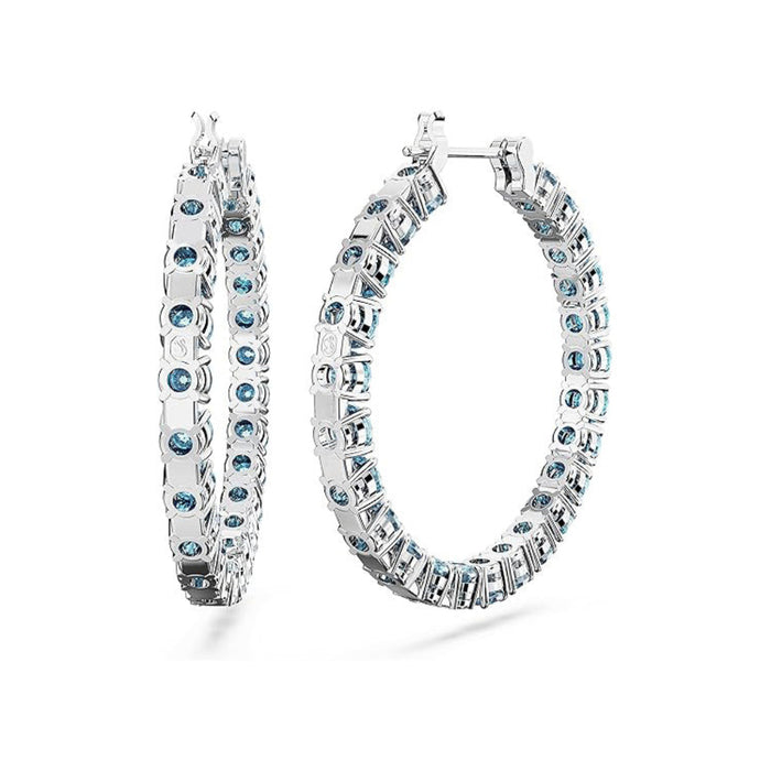 Swarovski Women's Round Cool Blue Crystals on Rhodium Finished Settings Matrix Hoop Earrings - 5647446