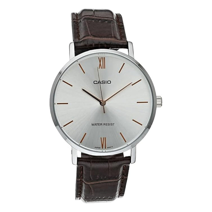 Casio Men's Silver Dial Brown Leather Band Analog Japanese Quartz Watch - MTP-VT01L-7B2UDF