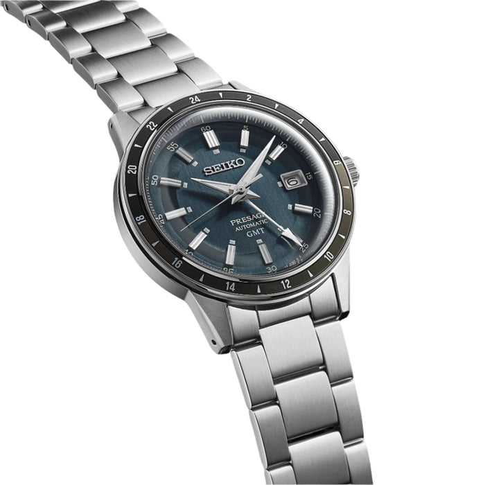 Seiko Men's Blue Dial Silver Stainless Steel Band Presage Automatic GMT Analog Watch - SSK009