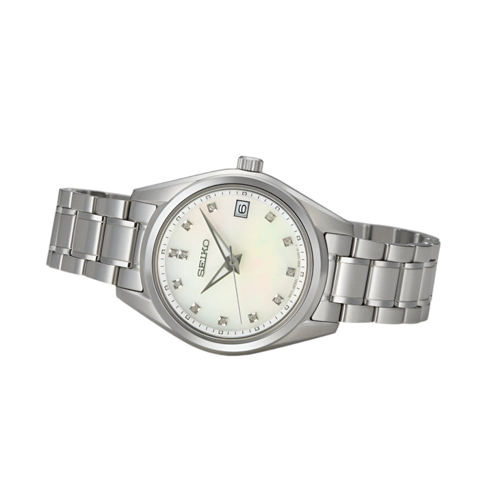 Seiko Women's Mother of Pearl Dial Silver Stainless Steel Band Analog Quartz Watch - SUR579