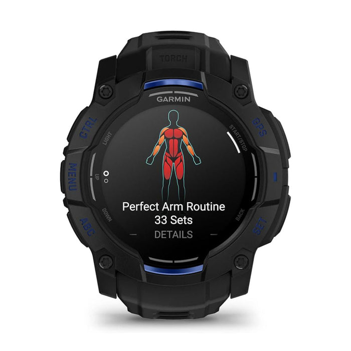 Garmin Instinct® 3 – 50 mm Unisex Black With Black/Bolt Blue Silicone Band Built-in Flashlight Supernova Collection Limited Edition Color AMOLED Display Rugged Outdoor GPS Smartwatch - 010-03020-03