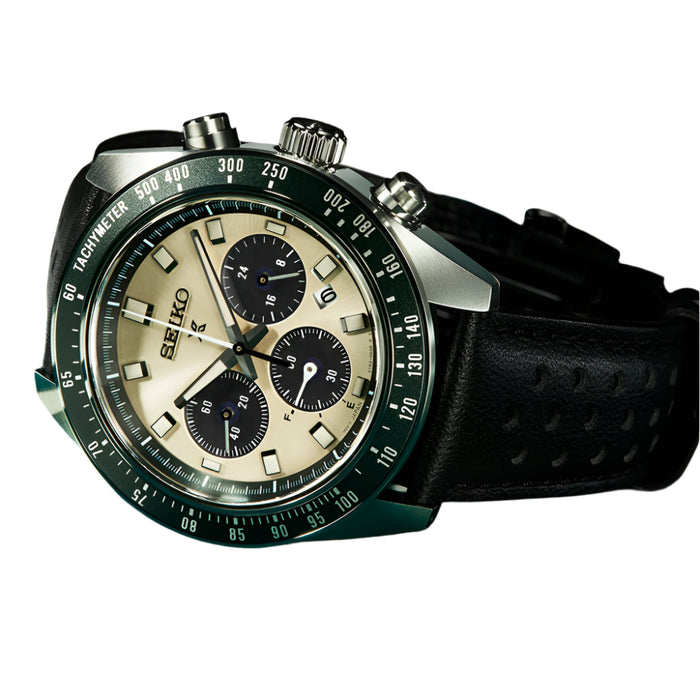 Seiko Prospex Speedtimer Men's Cream Dial Black Leather Band Analog Solar Watch - SSC943