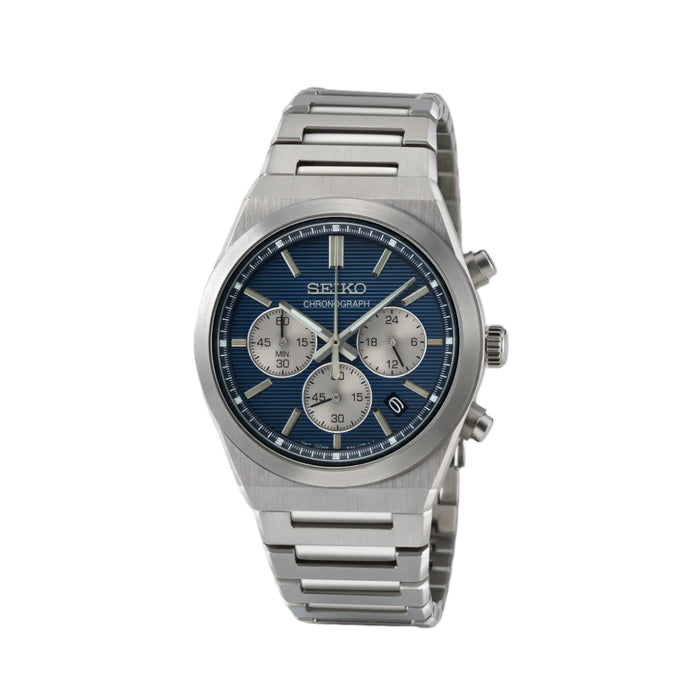 Seiko Men's Blue Dial Silver Stainless steel Band Analog Chronograph Quartz Watch - SSB453