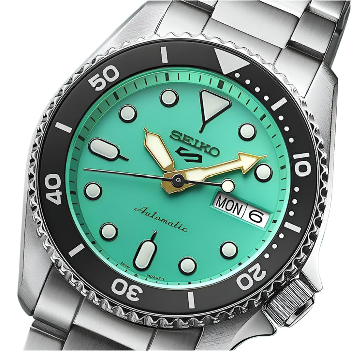 SEIKO Men's Mint Green Dial Silver Stainless steel Band Analog 5 Sports  Automatic Watch - SRPK33