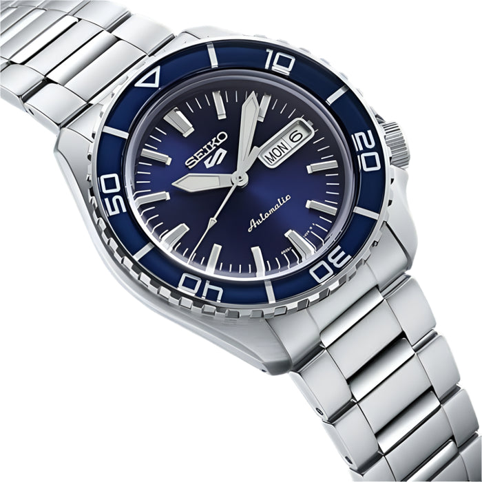 Seiko Men's Blue Dial Silver Stainless Steel Band Analog Automatic 5 Sports Watch - SRPK97