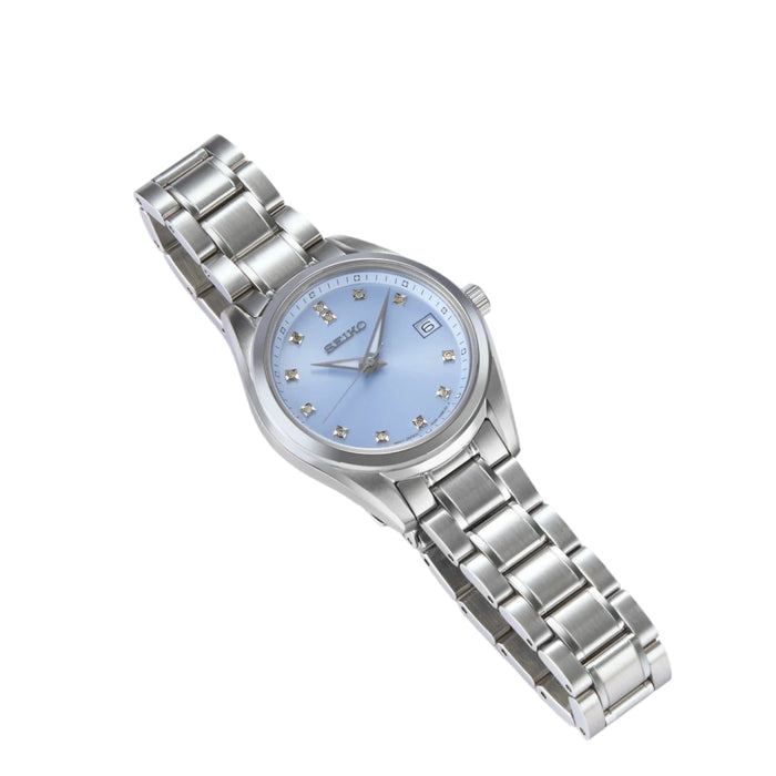 Seiko Women's Light Blue Dial Silver Stainless Steel Band Analog Quartz Watch - SUR581