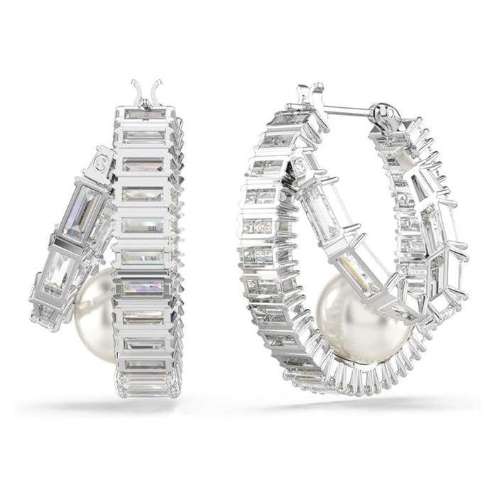 Swarovski Women's Clear Crystal & Pearls Rhodium Finish Pierced Earrings Hoops - 5720868
