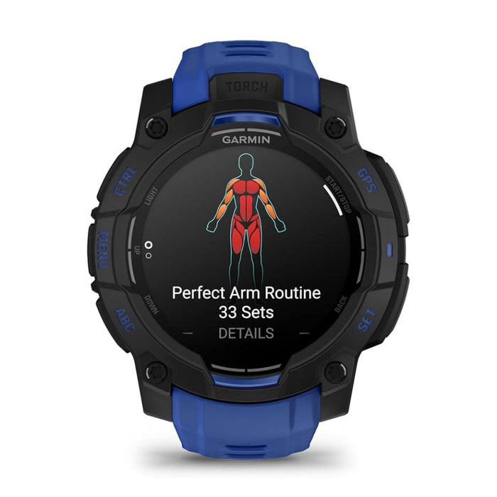 Garmin Instinct® 3 – 45 mm Unisex Black With Bolt Blue/Black Silicone Band Built-in Flashlight Supernova Collection Limited Edition Color AMOLED Display Rugged Outdoor GPS Smartwatch - 010-02936-03