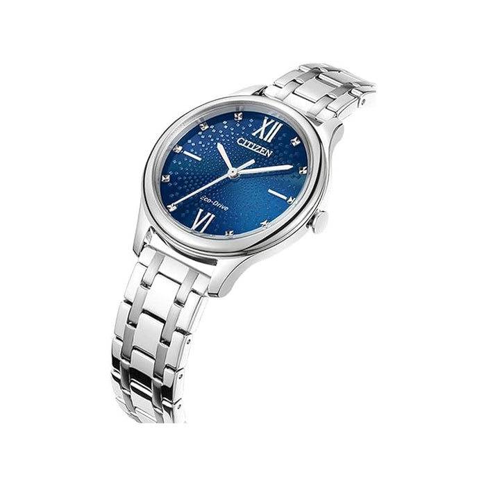 Citizen Women's Blue Dial Silver Stainless Steel Band Eco-Drive Watch - EM0500-73L-A