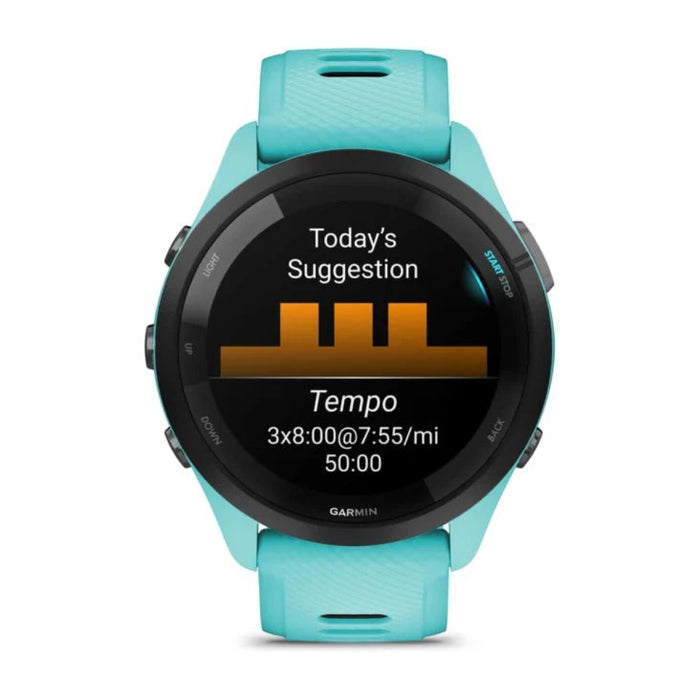 Garmin Forerunner 265 Aqua and Black Silicone Band Colorful AMOLED Display Training Metrics and Recovery Insights Running Smartwatch - 010-02810-02