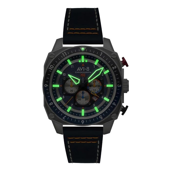 AVI-8 Unisex Blue Dial Leather Band Analog Hawker Hunter Atlas Dual Time Chronograph Quartz Watch - AV-4100-02