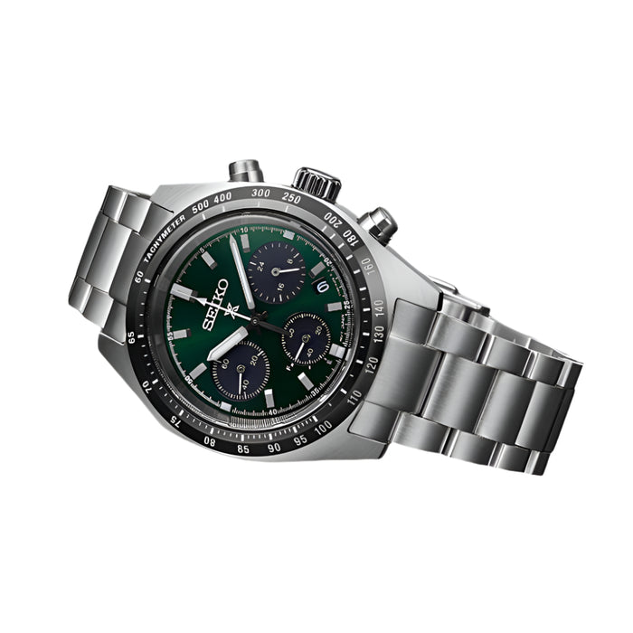 Seiko Prospex Speedtimer Men's Dark Green Dial Silver Stainless Steel Band Analog Solar Watch - SSC933