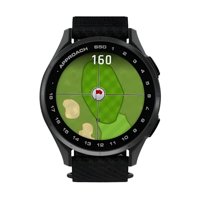 Garmin Approach® S50 Unisex Slate Aluminum Bezel with Black ComfortFit Nylon Band Amoled Display On-Course Features Wrist-Based Heart Rate Advanced Golf GPS Smartwatch - 010-03010-00