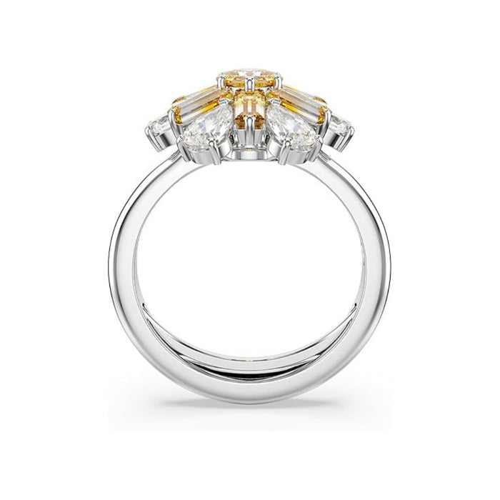 Swarovski Women's Flower Motif with Yellow and Clear Mixed-Cut Crystals in a Rhodium-Finished Setting Ring Size 7-9 Idyllia Cocktail Ring - 5689088