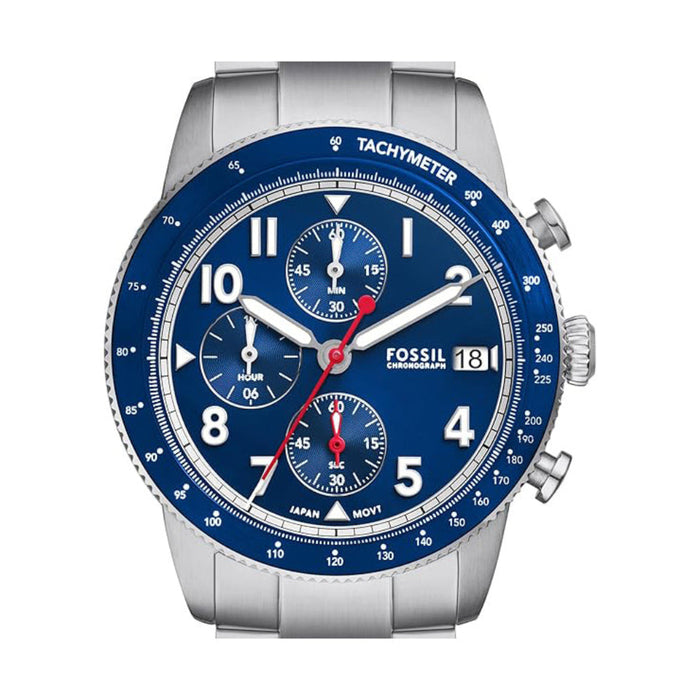 Fossil Men's Blue Dial Silver Stainless Steel Band Analog Quartz Chronograph Sport Tourer Watch - FS6047