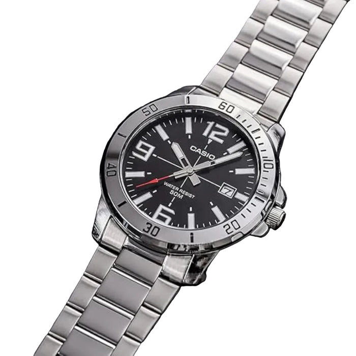 Casio Men's Black Dial Silver Stainless Steel Band Analog Japanese Quartz Watch - MTP-VD01D-1BVUDF