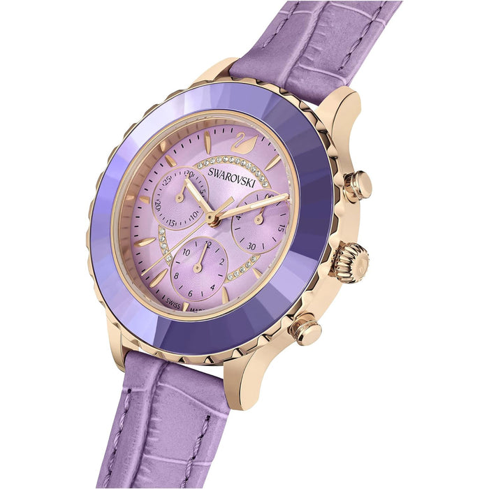 SWAROVSKI Women's Purple Dial Leather Band Octea Lux Chrono Analog Chronograph Swiss Quartz Watch - 5632263