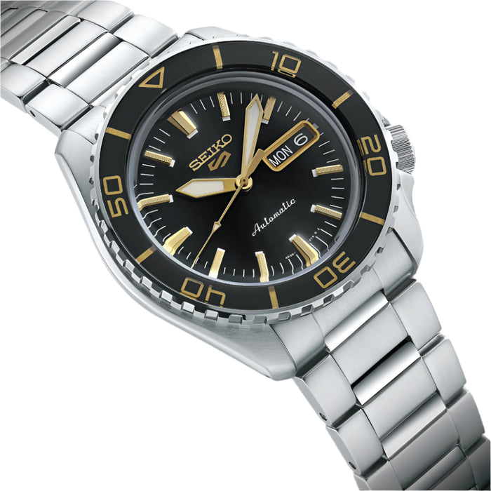 Seiko Men's Black Dial Silver Stainless Steel Band Analog Automatic 5 Sports Watch - SRPK99