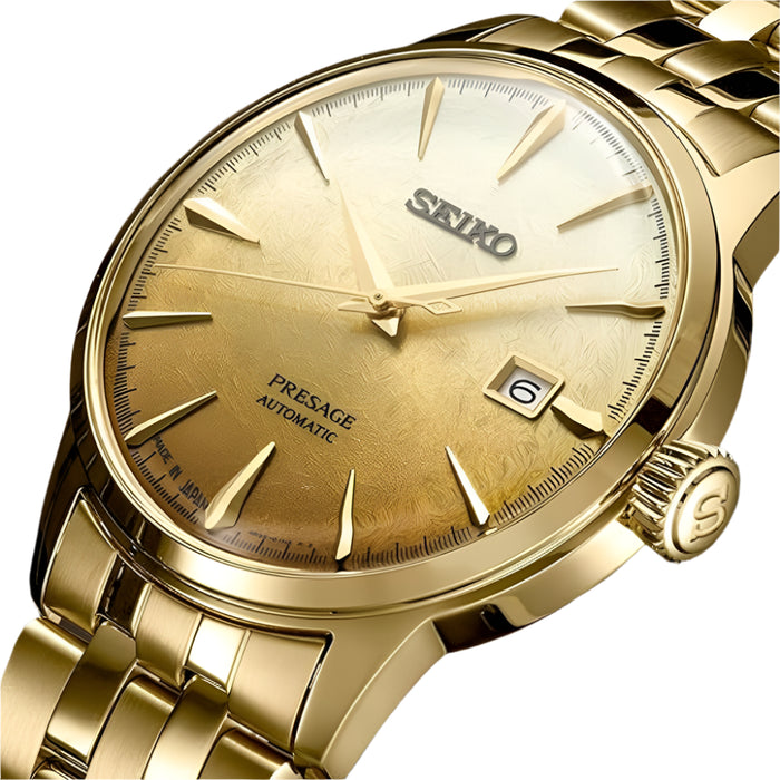Seiko Presage Men's Gilt Dial Gold Stainless Steel Band Analog Manual Wind Up Watch - SRPK46