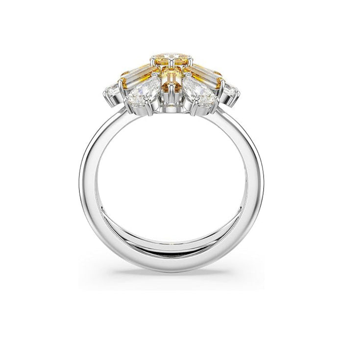 Swarovski Women's Flower Motif With Yellow And Clear Mixed-Cut Crystals In A Rhodium-Finished Setting Ring Size 5-7 Idyllia Cocktail Ring - 5689087