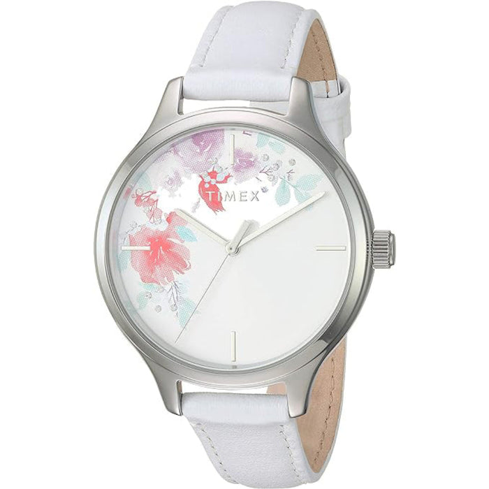 Timex Women's White Dial Leather Band Analog Crystal Bloom Swarovski Accent Quartz Watch - TW2R668