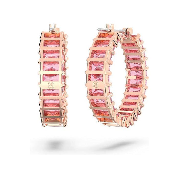 Swarovski Part of the Matrix Collection Women's Pink Baguette-Cut Crystals on Rose Gold-Tone Finished Settings Matrix Hoop Earrings - 5657726