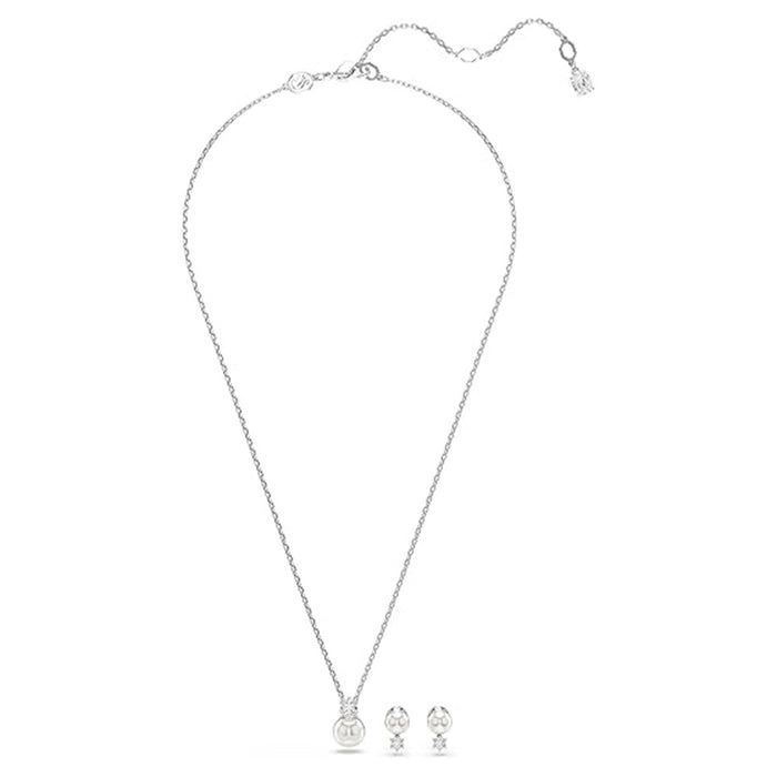 Swarovski Women's White Round Cut Crystals With Pearls Rhodium Finish, Earrings Matrix Jewelry Set - 5689624