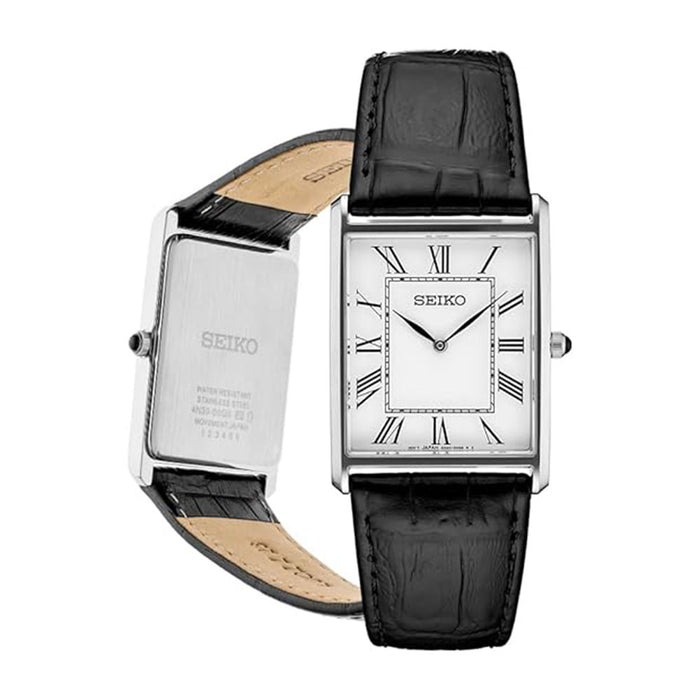 SEIKO Men's White Dial Black Leather Strap Roman Numerals Analog Quartz Watch - SWR049