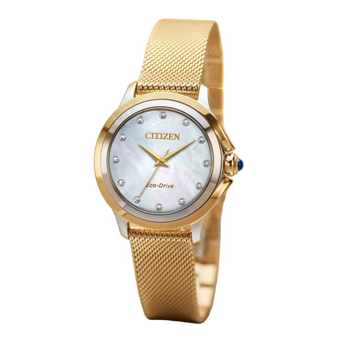 Citizen Women's Eco-Drive Ceci Diamond Accent Mother-of-Pearl Dial Gold Tone Band Stainless Steel Watch - EM0794-54D