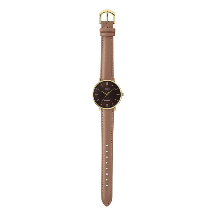 Casio Men's Burgundy Dial Brown Leather Band Analog Japanese Quartz Watch - MTP-VT01GL-5BUDF