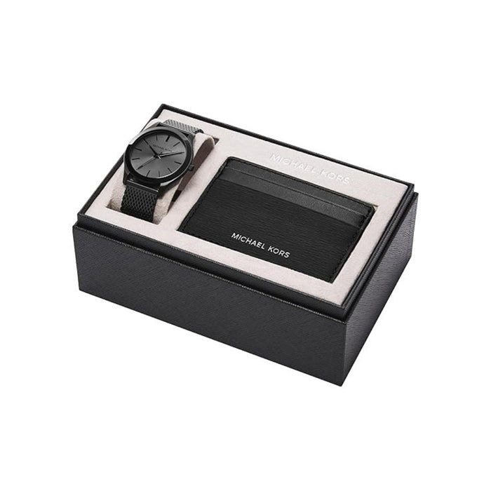 Michael Kors Men's Slim Runway Gray Dial Black Stainless Steel Band Analog Quartz Watch And Wallet Gift Set - MK1085SET