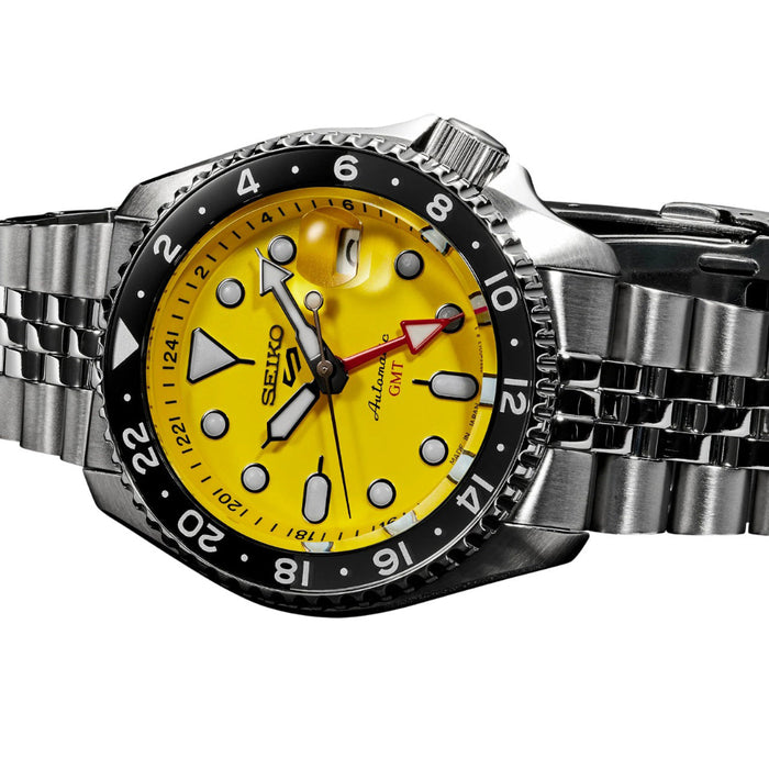 Seiko Men's Yellow Dial Silver Stainless Steel Band Mechanical Watch - SSK017
