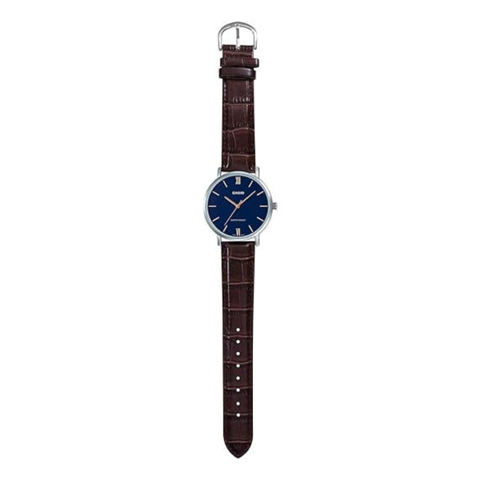 Casio Men's Blue Dial Brown Leather Band Analog Japanese Quartz Watch - MTP-VT01L-2BUDF