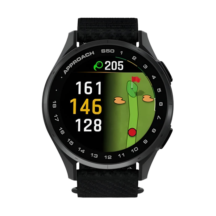 Garmin Approach® S50 Unisex Slate Aluminum Bezel with Black ComfortFit Nylon Band Amoled Display On-Course Features Wrist-Based Heart Rate Advanced Golf GPS Smartwatch - 010-03010-00