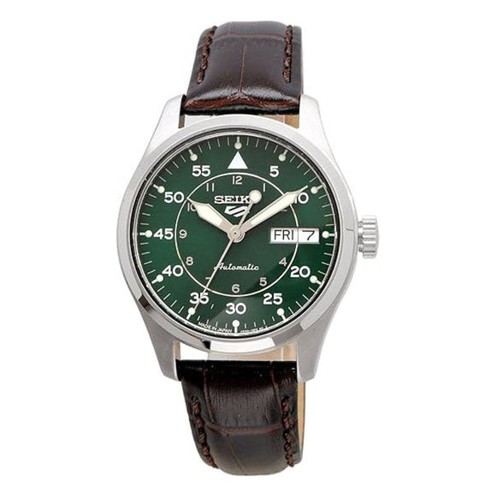 Seiko Men's Green Dial Dark Brown Leather Band Mechanical Watch - SRPJ89
