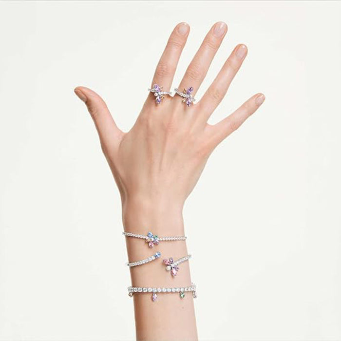 Swarovski Women's Pink Mixed Cut Multicolored Stones, Rhodium Finish Large x Ariana Grande Dragonfly Motif Bangle Bracelet - 5737400