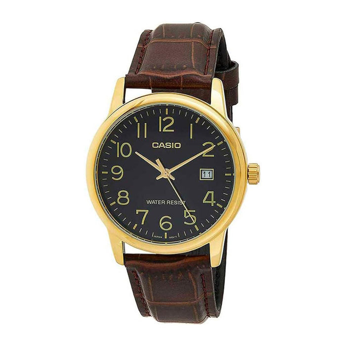 Casio Men's Black Dial Brown Leather Band Analog Quartz Watch - MTP-V002GL-1BUDF